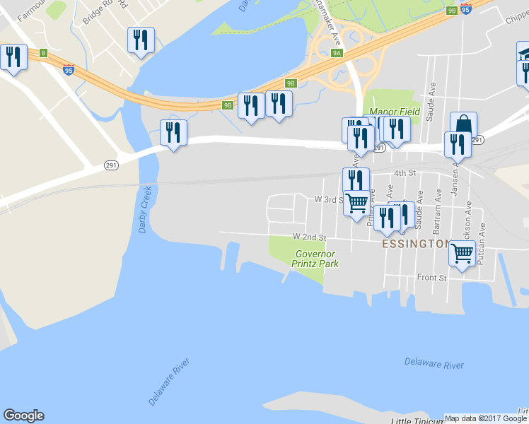 map of restaurants, bars, coffee shops, grocery stores, and more near 523 Corinthian Avenue in Essington