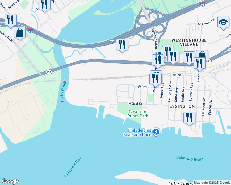 map of restaurants, bars, coffee shops, grocery stores, and more near 523 Corinthian Avenue in Essington
