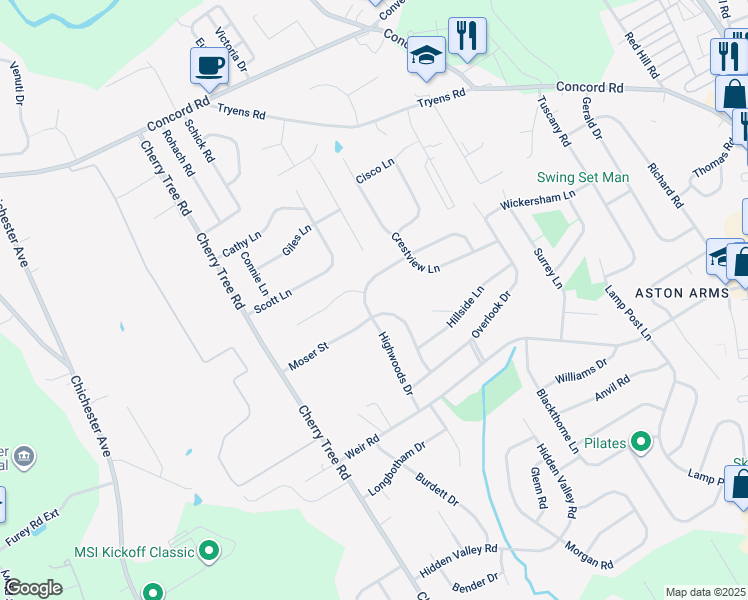 map of restaurants, bars, coffee shops, grocery stores, and more near 2225 Clearview Lane in Aston