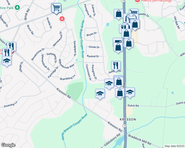 map of restaurants, bars, coffee shops, grocery stores, and more near 517 Cormorant Drive in Voorhees Township