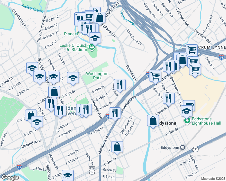 map of restaurants, bars, coffee shops, grocery stores, and more near 911 East 16th Street in Chester