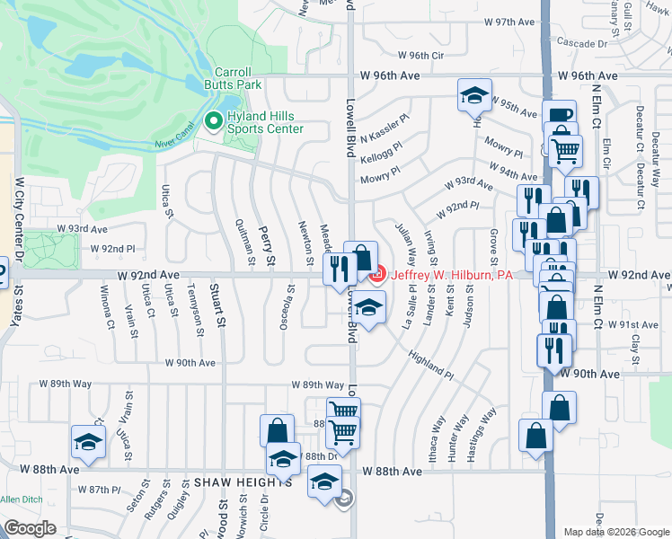 map of restaurants, bars, coffee shops, grocery stores, and more near 9215 Lowell Boulevard in Westminster