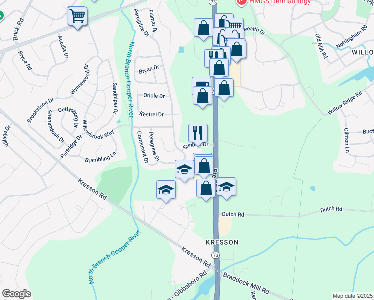 map of restaurants, bars, coffee shops, grocery stores, and more near 122 Peregrine Drive in Voorhees Township