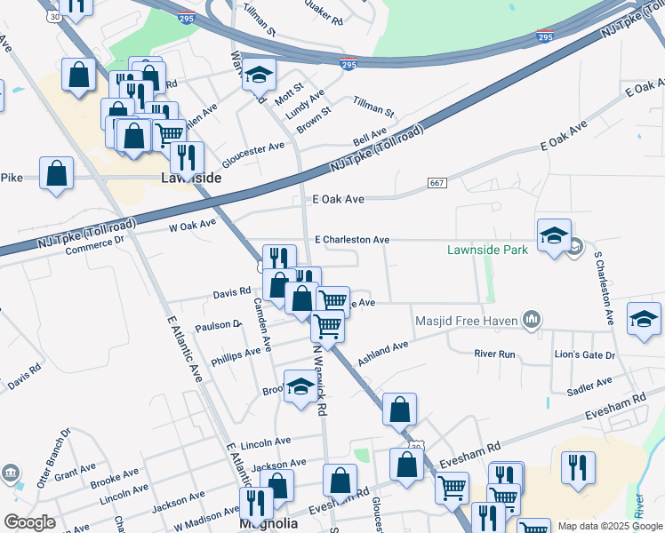 map of restaurants, bars, coffee shops, grocery stores, and more near 214 Miller Avenue in Lawnside