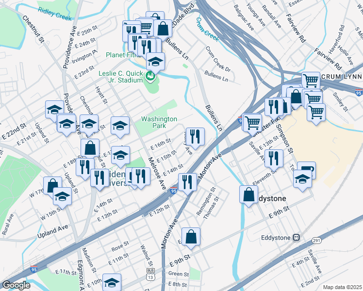map of restaurants, bars, coffee shops, grocery stores, and more near 911 East 16th Street in Chester