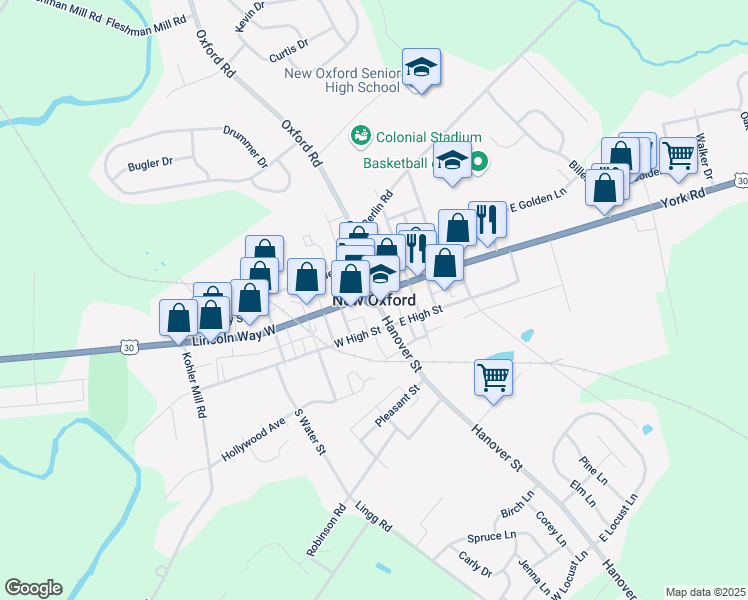 map of restaurants, bars, coffee shops, grocery stores, and more near in New Oxford