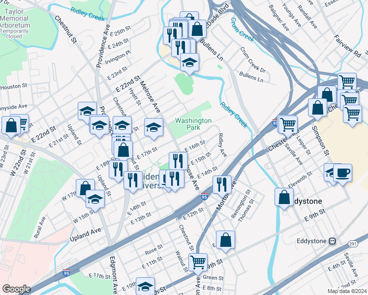 map of restaurants, bars, coffee shops, grocery stores, and more near 806 East 16th Street in Chester