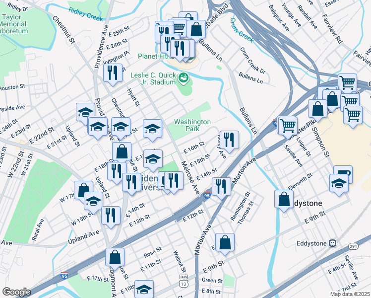 map of restaurants, bars, coffee shops, grocery stores, and more near 810 East 16th Street in Chester