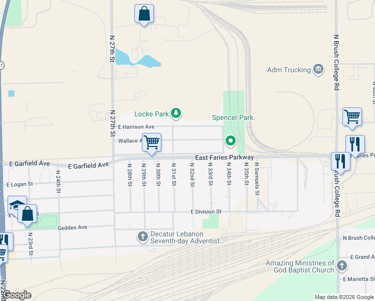 map of restaurants, bars, coffee shops, grocery stores, and more near 3125 Wallace Avenue in Decatur