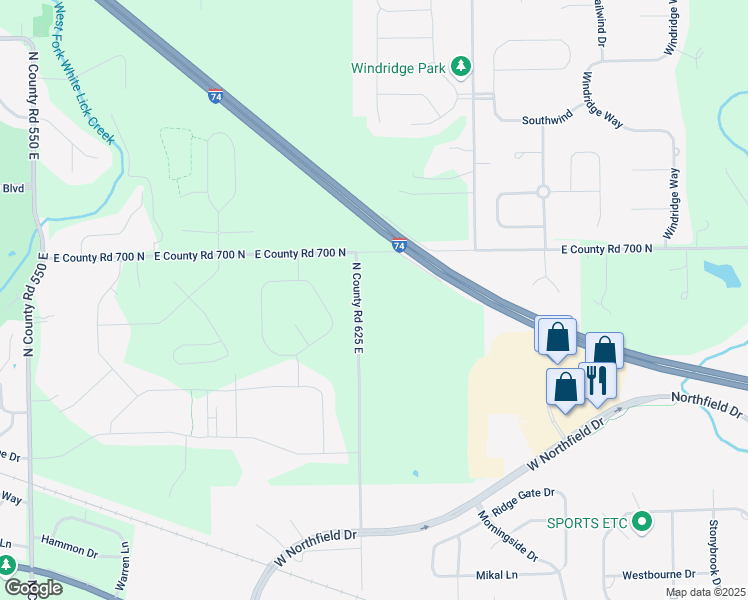 map of restaurants, bars, coffee shops, grocery stores, and more near 6895 North County Road 625 East in Brownsburg