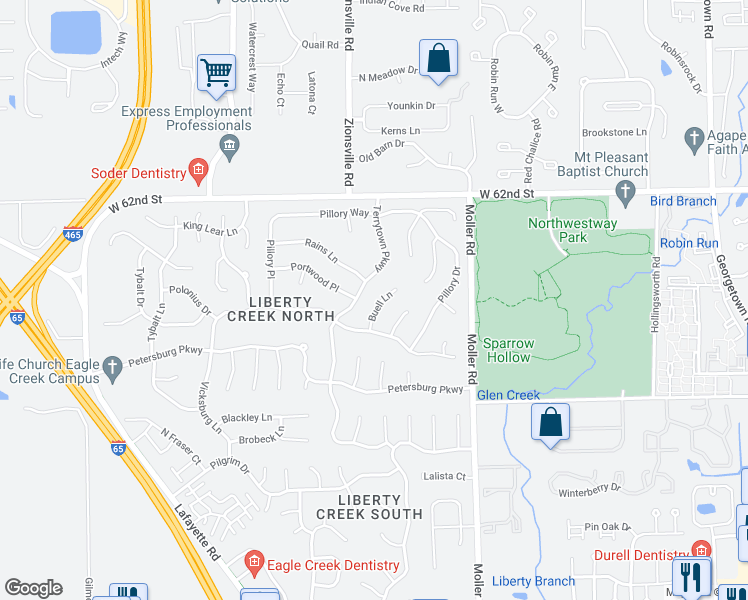 map of restaurants, bars, coffee shops, grocery stores, and more near 6034 Buell Lane in Indianapolis
