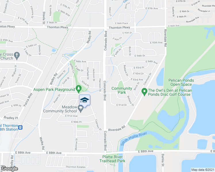 map of restaurants, bars, coffee shops, grocery stores, and more near 9241 Albion St in Thornton