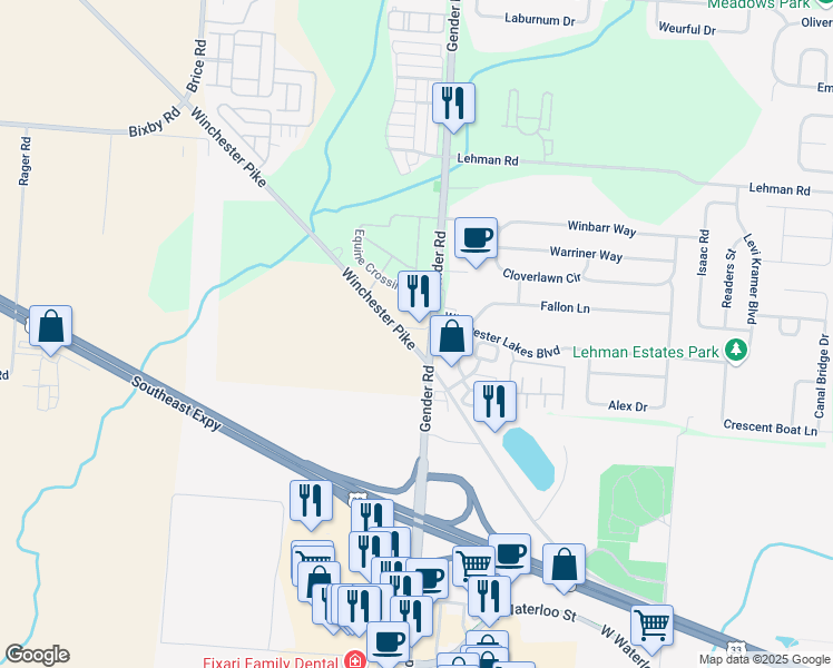 map of restaurants, bars, coffee shops, grocery stores, and more near 6046 Winchester Pike in Canal Winchester