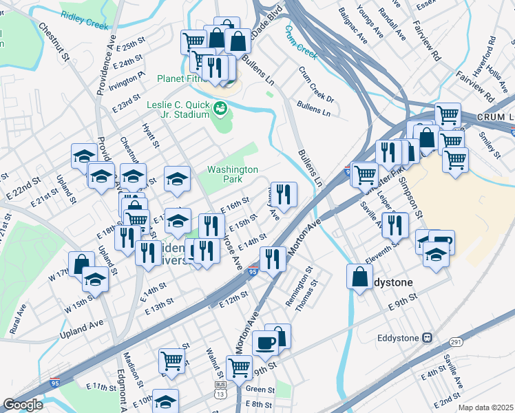 map of restaurants, bars, coffee shops, grocery stores, and more near 910 East 15th Street in Chester