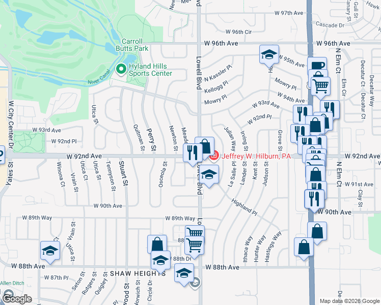 map of restaurants, bars, coffee shops, grocery stores, and more near 9215 Lowell Boulevard in Westminster