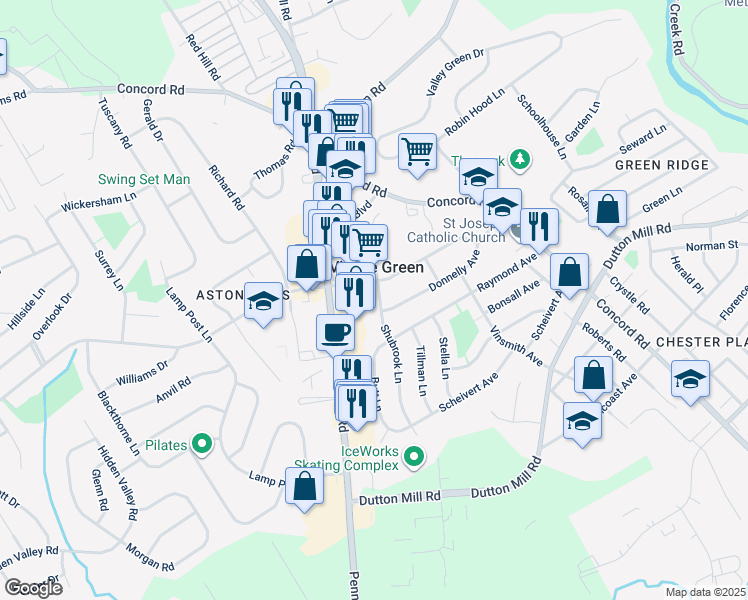 map of restaurants, bars, coffee shops, grocery stores, and more near 303 Shubrook Lane in Village Green
