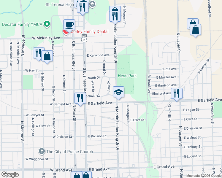 map of restaurants, bars, coffee shops, grocery stores, and more near East Drive in Decatur