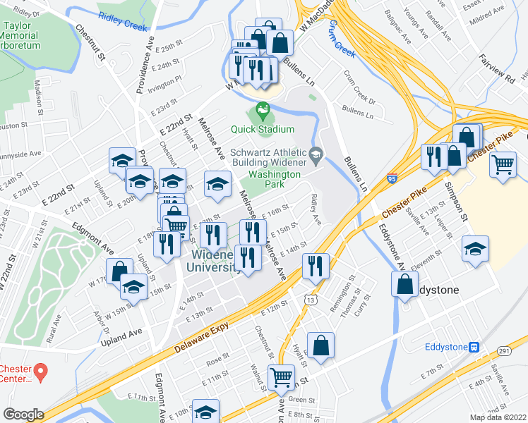 map of restaurants, bars, coffee shops, grocery stores, and more near 810 East 16th Street in Chester
