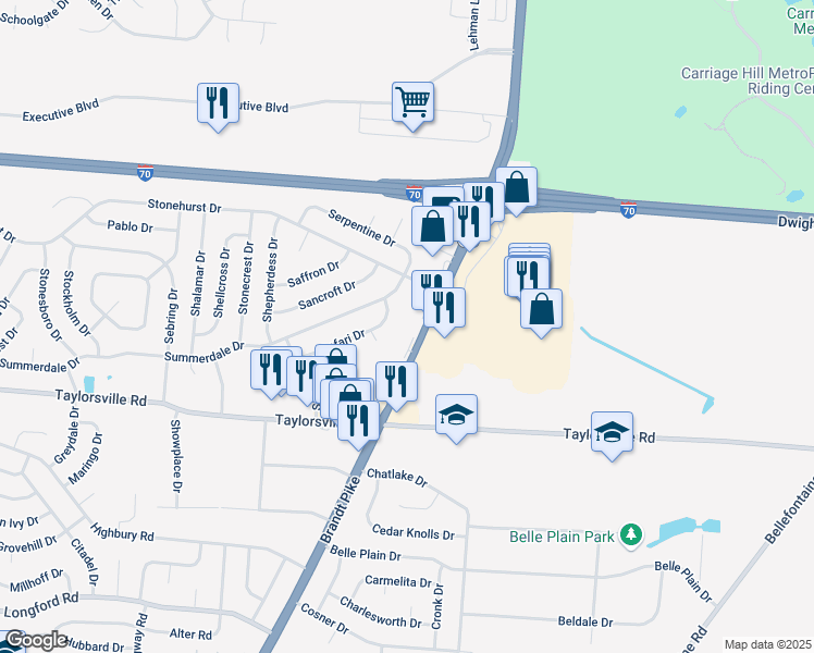 map of restaurants, bars, coffee shops, grocery stores, and more near 7699 Brandt Pike in Dayton