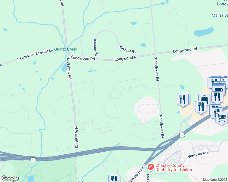 map of restaurants, bars, coffee shops, grocery stores, and more near 677 Cascade Way in Kennett Square