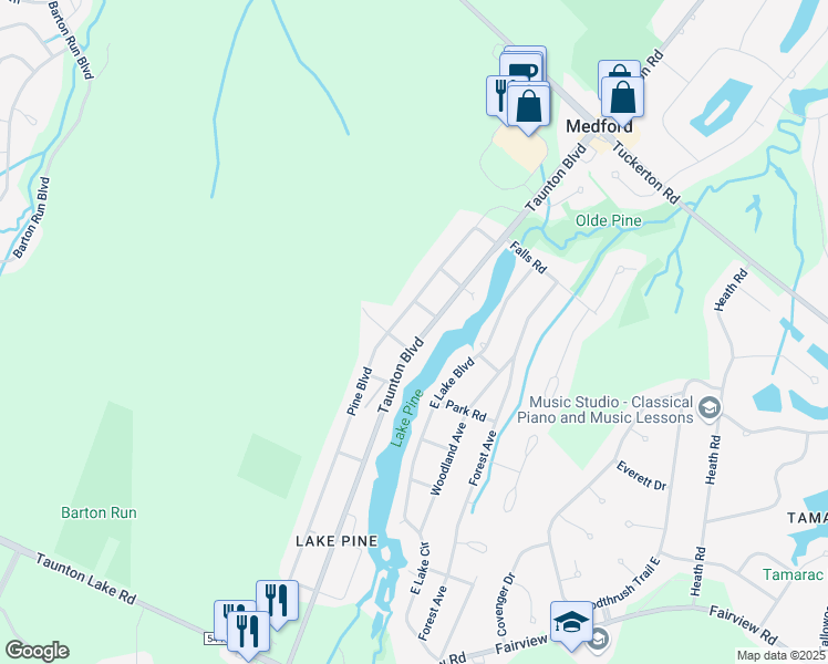 map of restaurants, bars, coffee shops, grocery stores, and more near 162 Taunton Boulevard in Medford