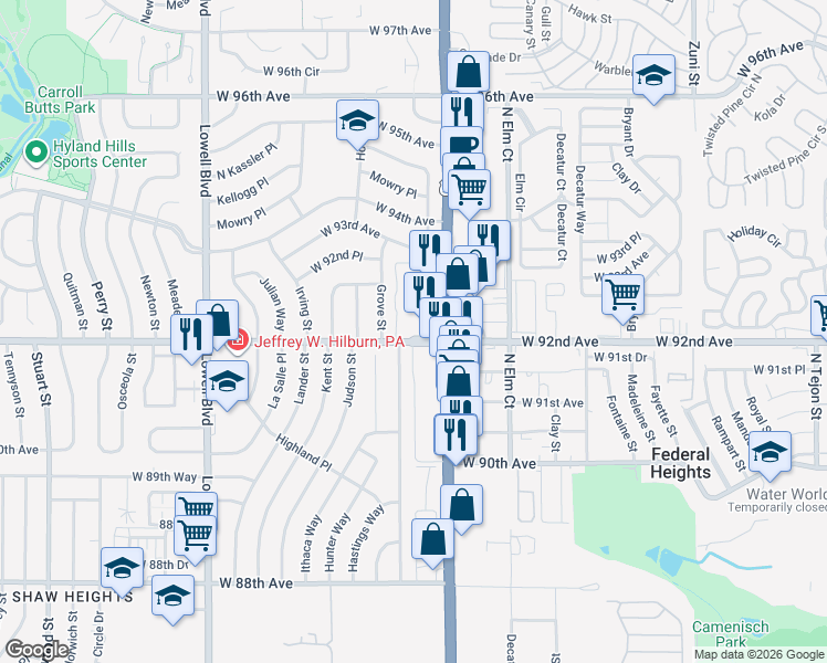 map of restaurants, bars, coffee shops, grocery stores, and more near 3061 West 92nd Avenue in Westminster
