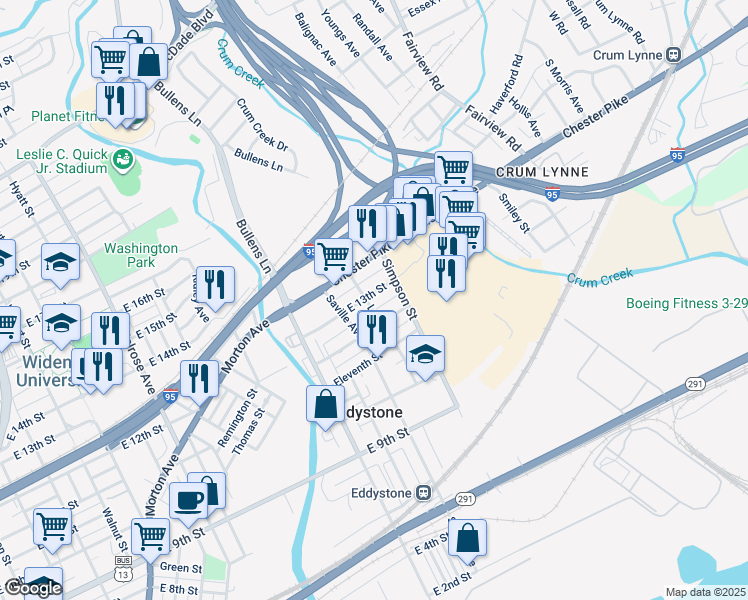 map of restaurants, bars, coffee shops, grocery stores, and more near 1411 East 13th Street in Crum Lynne