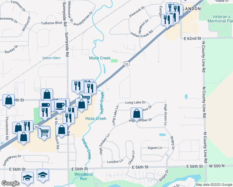 map of restaurants, bars, coffee shops, grocery stores, and more near 11243 Sunny Creek Lane in Indianapolis