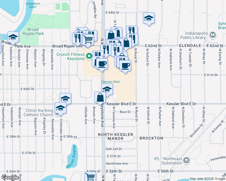 map of restaurants, bars, coffee shops, grocery stores, and more near 2424 Kessler Boulevard East Drive in Indianapolis