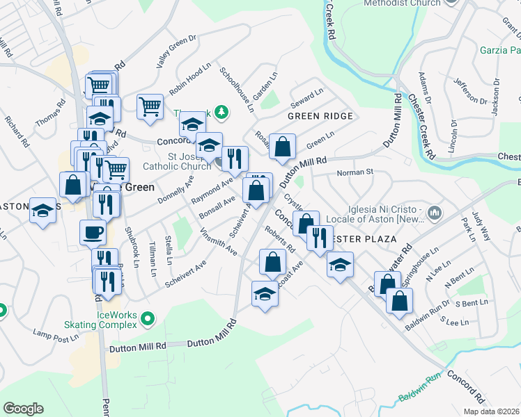 map of restaurants, bars, coffee shops, grocery stores, and more near 10 Dutton Mill Rd in Village Green-Green Ridge