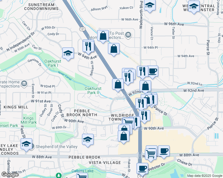 map of restaurants, bars, coffee shops, grocery stores, and more near 9221 Wadsworth Parkway in Westminster