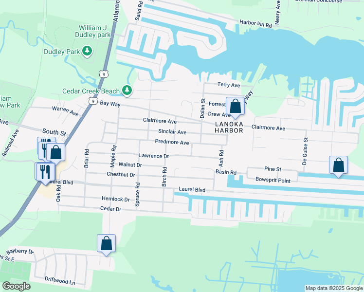 map of restaurants, bars, coffee shops, grocery stores, and more near 324 Predmore Avenue in Lacey Township