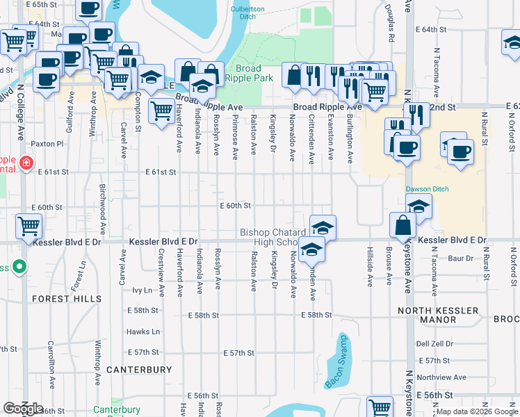 map of restaurants, bars, coffee shops, grocery stores, and more near 1651 East 60th Street in Indianapolis