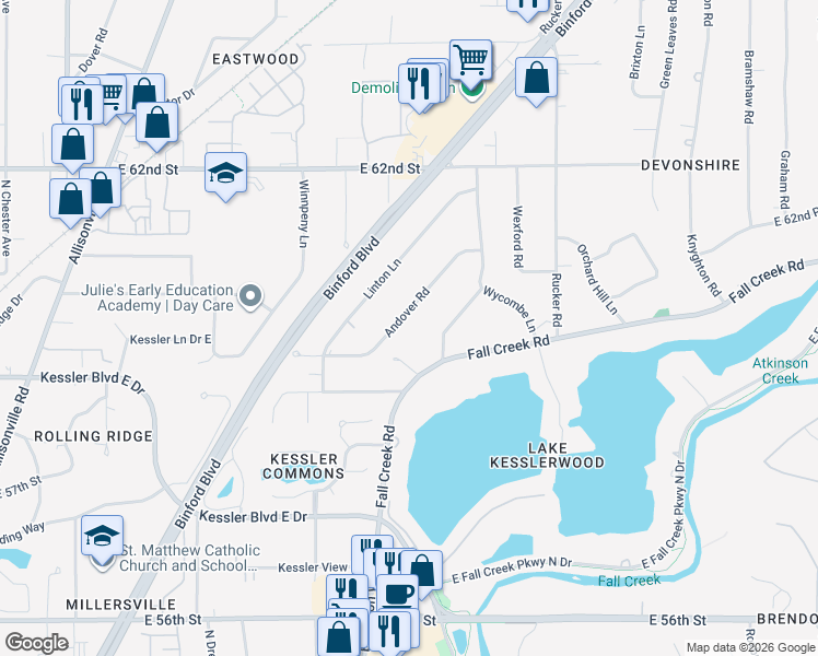 map of restaurants, bars, coffee shops, grocery stores, and more near 5915 Andover Road in Indianapolis
