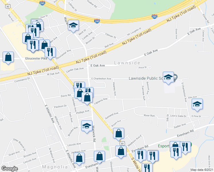 map of restaurants, bars, coffee shops, grocery stores, and more near 249 Miller Avenue in Lawnside
