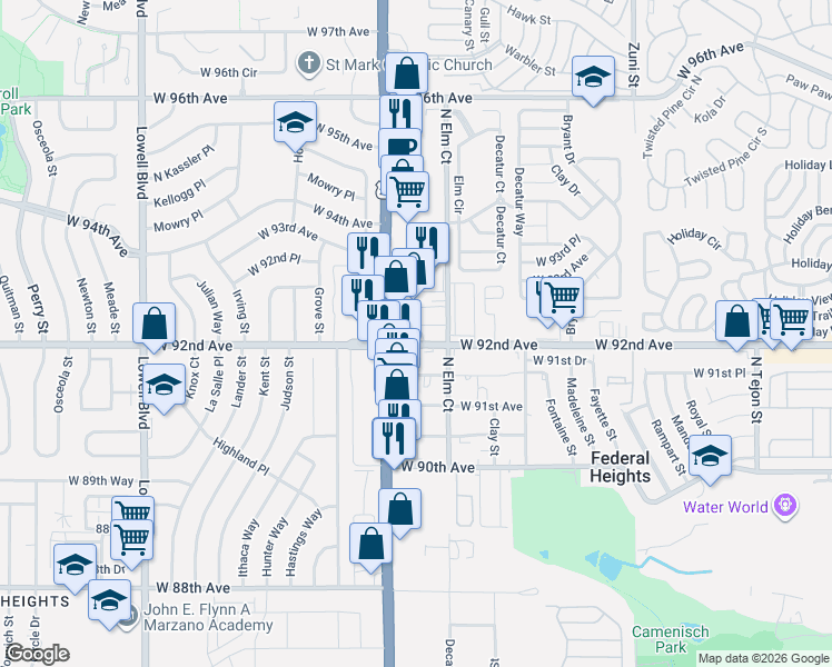 map of restaurants, bars, coffee shops, grocery stores, and more near 2975 West 92nd Avenue in Federal Heights