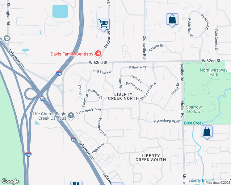 map of restaurants, bars, coffee shops, grocery stores, and more near 6034 Pillory Place in Indianapolis