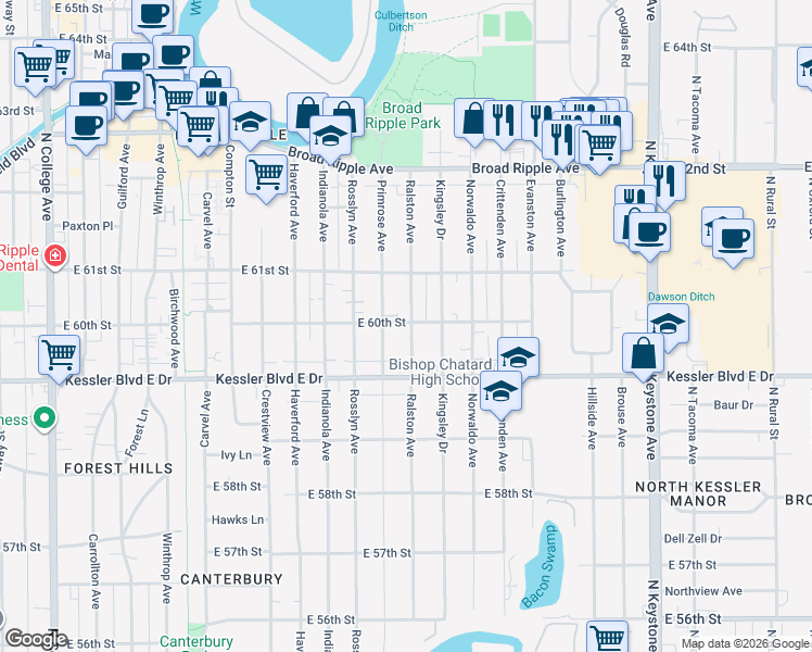 map of restaurants, bars, coffee shops, grocery stores, and more near 1651 East 60th Street in Indianapolis