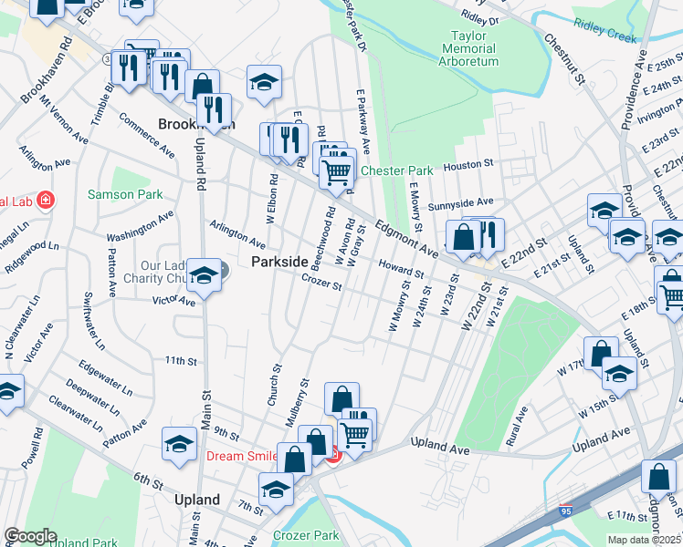 map of restaurants, bars, coffee shops, grocery stores, and more near 105 Gray Street in Chester