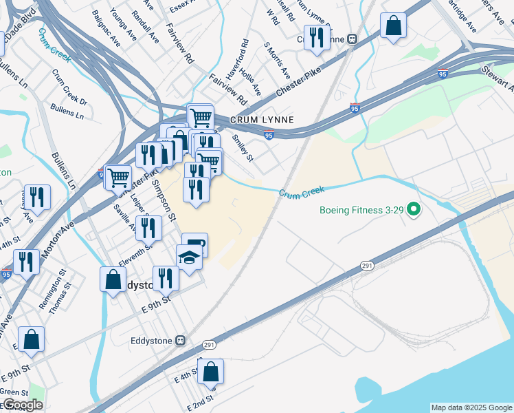 map of restaurants, bars, coffee shops, grocery stores, and more near 1510 Chester Pike in Eddystone