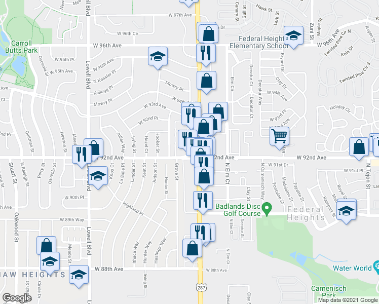map of restaurants, bars, coffee shops, grocery stores, and more near 3041 West 92nd Avenue in Westminster