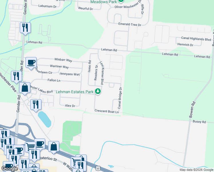 map of restaurants, bars, coffee shops, grocery stores, and more near 5730 Levi Kramer Boulevard in Canal Winchester
