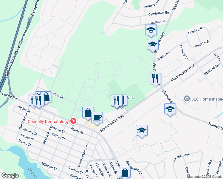 map of restaurants, bars, coffee shops, grocery stores, and more near Bob Court Ln in Lacey Township
