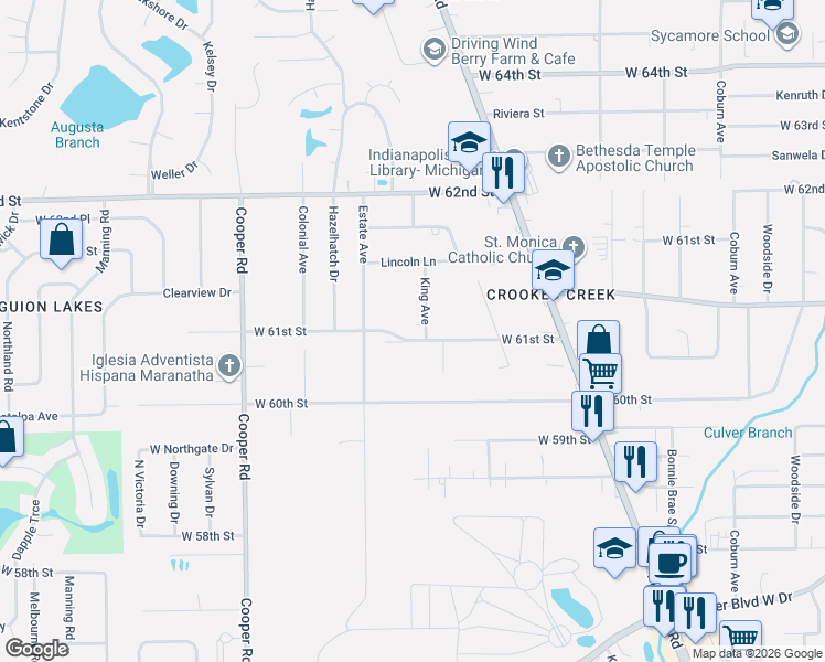 map of restaurants, bars, coffee shops, grocery stores, and more near 2424 West 61st Street in Indianapolis
