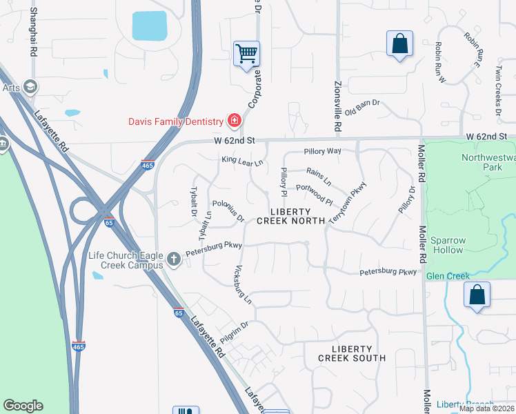 map of restaurants, bars, coffee shops, grocery stores, and more near 6043 Polonius Court in Indianapolis
