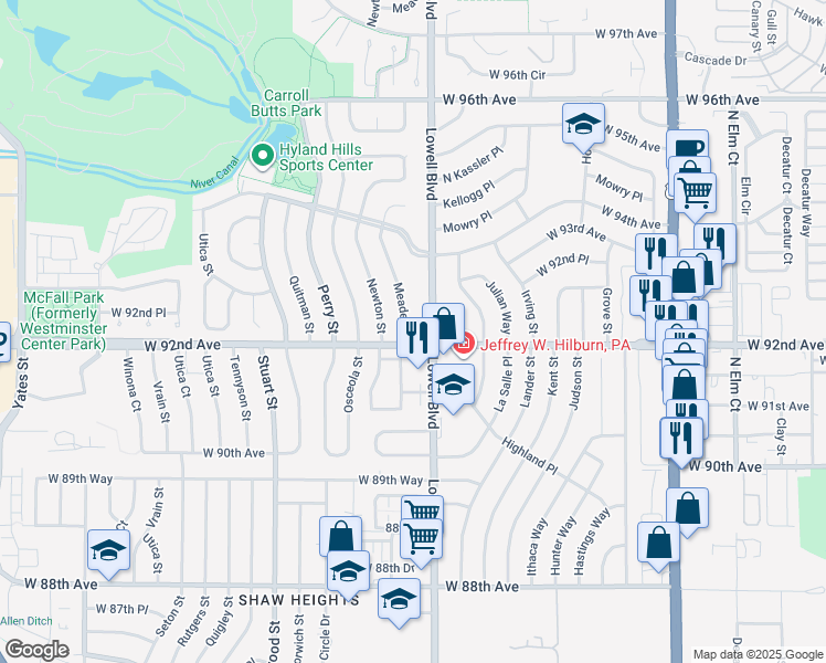 map of restaurants, bars, coffee shops, grocery stores, and more near 9215 Lowell Boulevard in Westminster