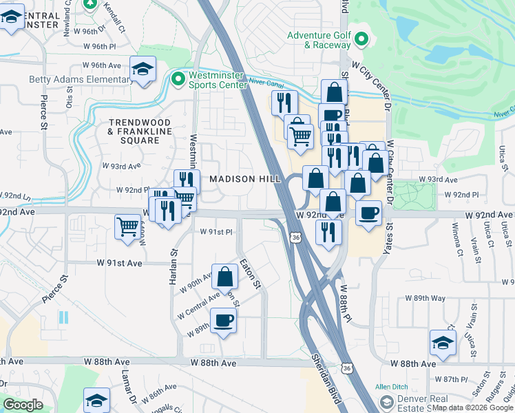 map of restaurants, bars, coffee shops, grocery stores, and more near 5711 West 92nd Avenue in Westminster