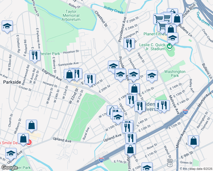 map of restaurants, bars, coffee shops, grocery stores, and more near 2016 Upland Street in Chester
