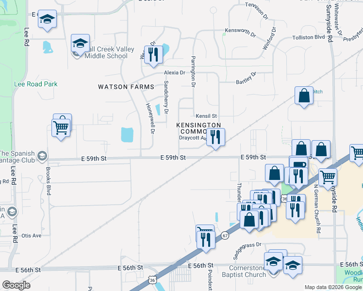 map of restaurants, bars, coffee shops, grocery stores, and more near 10250 Liverpool Way in Indianapolis