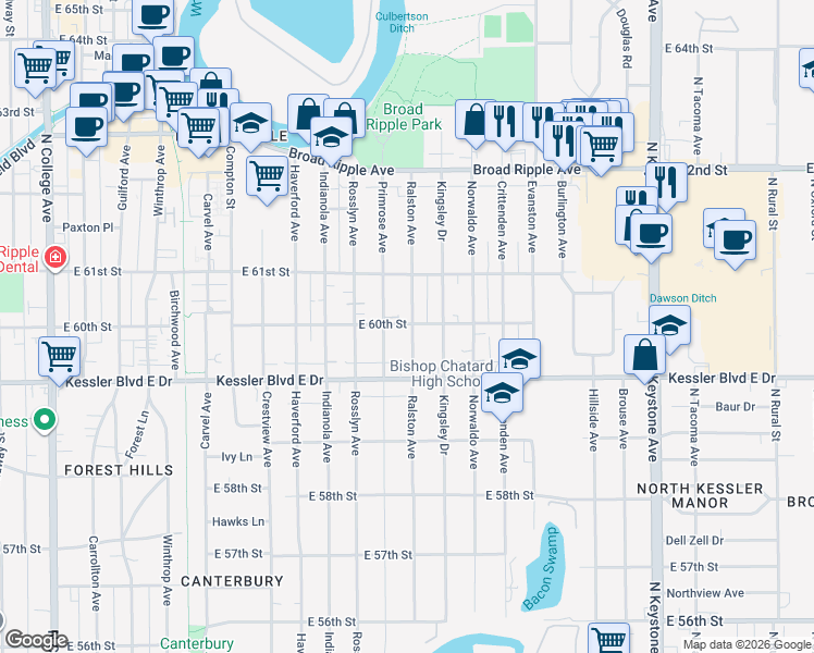 map of restaurants, bars, coffee shops, grocery stores, and more near 1651 East 60th Street in Indianapolis